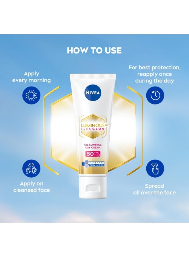 NIVEA Luminous Even Glow Oil Control Day Cream10ml  for face |SPF 50 with UV protection & UVA UVB filters | Thiamidol, Hyaluronic Acid, Vitamin E for Dark Spots Reduction & Deep Moisturization - Image 2